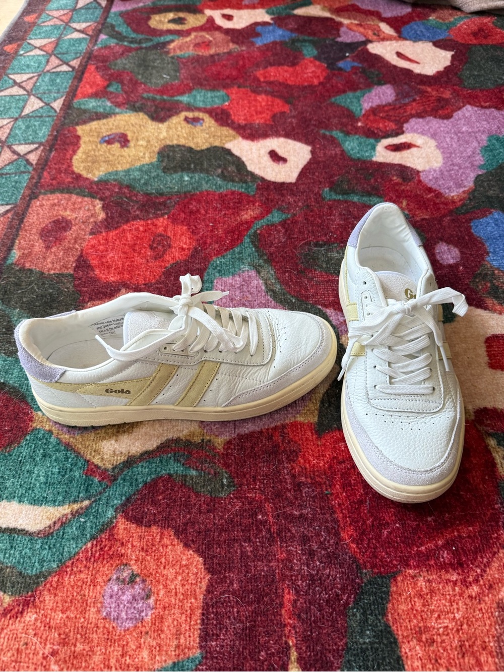 Gola Women's White Sneakers with Purple Accents and Pale Yellow Stripes